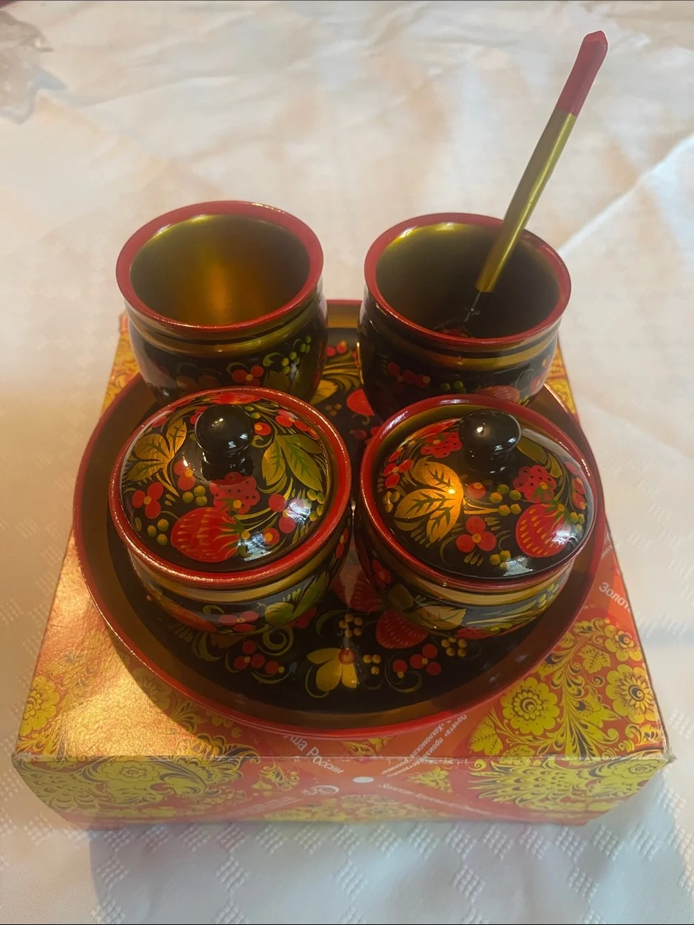 Hand-Painted Black and Red Khokhloma Style Wooden Spice 6 pieces Set